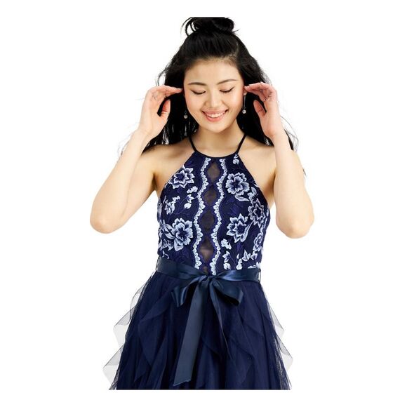 TEEZE ME Womens Layered Full-Length Dress Navy Sleeveless Formal Juniors 1\2 - Picture 3 of 4